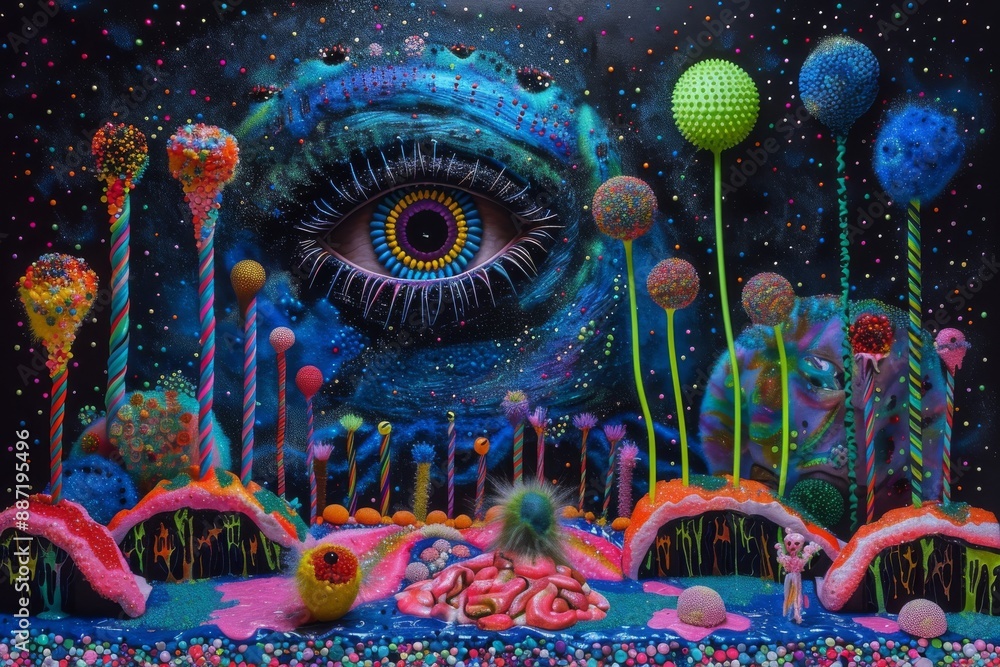 Poster abstract glowing eye with vibrant neon patterns in a surreal setting.