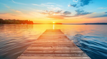 Fototapeta premium Sunset over the Lake with Wooden Pier