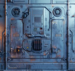 A close up of a control box dashboard on a futuristic electronic wall in the style of 3D game and movies.