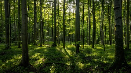 Fototapeta premium tall trees in very green forest