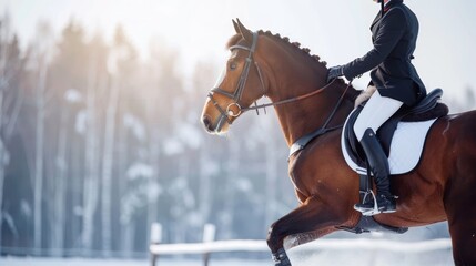 Horse and Rider Galloping Through Snowy Landscape