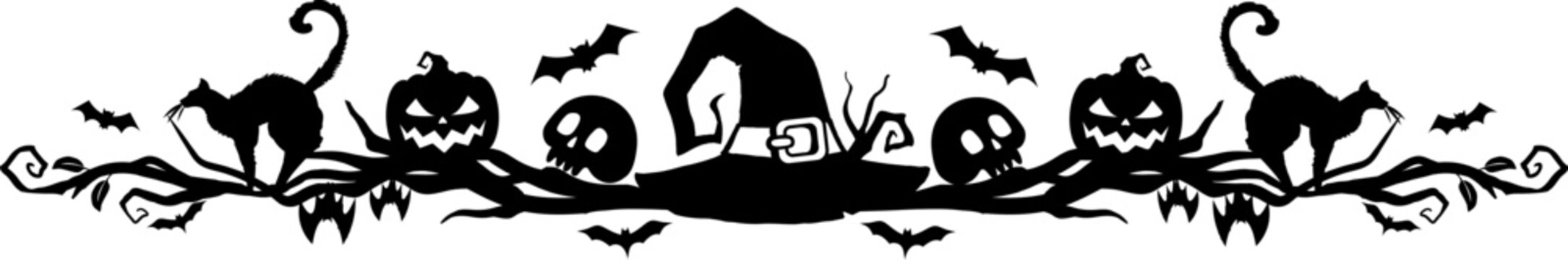 Halloween frame border and divider. Isolated vector spooky decorative holiday element with black silhouettes of creepy pumpkin faces, cats, human skulls, flying bats and witch hat on tree branches