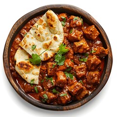Board and plate of tasty Vindaloo with on white background.