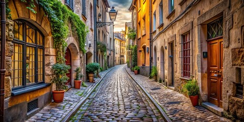 Obraz premium Narrow cobblestone street in a charming old town , historic, alleyway, vintage, traditional, European