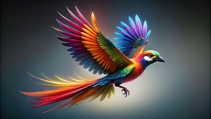 Obraz premium Animated bird with colorful feathers flying on a monochrome background , Cartoon, Animal, Bird, Wings, Feathers, Flight, Motion