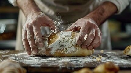 Male hands breaking freshly baked bread, closeup. 