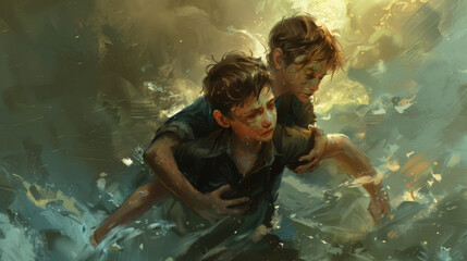 Artsy painting of big brother saving younger brother