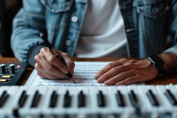 Close-up of a musician composing music, writing notes on sheet music, with a keyboard and music equipment in the foreground.