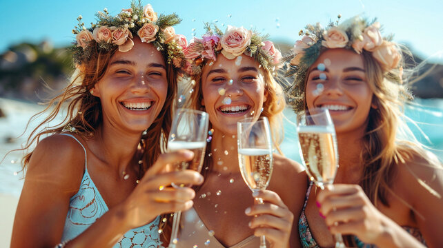 Happy young women drinking champagne at bachelorette party on the beach. Bride and bridesmaid having fun at hen party