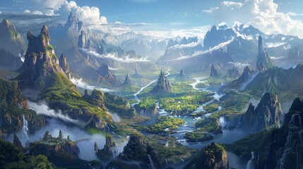 A fantasy landscape featuring towering mountains, winding rivers, and numerous waterfalls. Fluffy clouds fill the sky, with the sun shining brightly in the background.