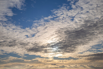 sunst blue  sky, puffy clouds, Amazing picture of heaven light of nature