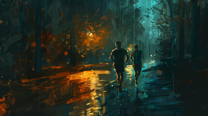 Artsy paining of two men running through the night