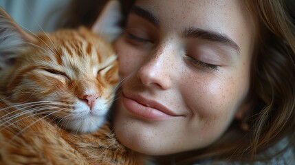 Cat Owner Cuddling with Their Happy Cat, Celebrating the Bond Between Cats and Humans on International Cat Day. Contentment and Joy in Pet Companionship.Pet lovers, pets