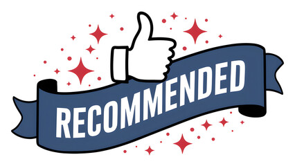 A blue banner with the word 'RECOMMENDED' written in bold white letters. Above the banner, there's a white thumbs-up icon accompaniedby a few red stars