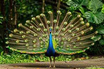 Obraz premium Peacock Displaying Vibrant Plumage in Garden