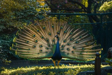 Obraz premium Peacock Displaying Vibrant Plumage in Garden
