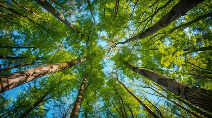 Fototapeta premium Looking up at the green tops of trees
