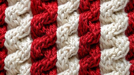 Red and white knitted fabric in a basket weave pattern