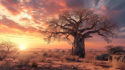 Majestic Baobab Tree at Sunset in African Desert Landscape with Dramatic Sky