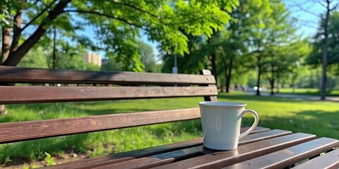 Coffee cup placed on a park bench with trees in the background, coffee, cup, park bench, mock up,outdoor, nature, relaxation
