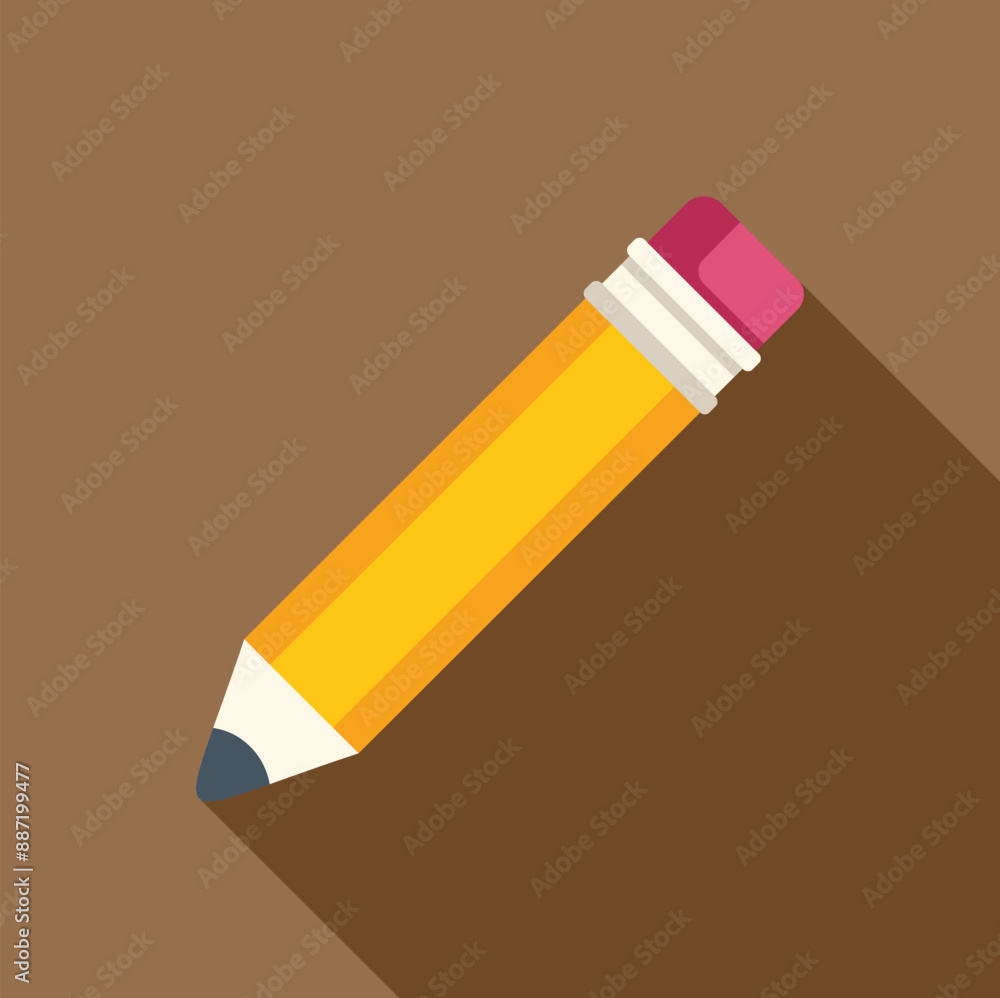 Wall mural classic yellow pencil with pink eraser is lying on a brown surface, casting a long shadow