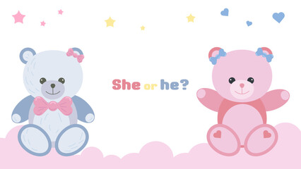 Gender party banner postcard boy or girl. Pink and blue bear. Baby shower invitation template. Vector illustration.