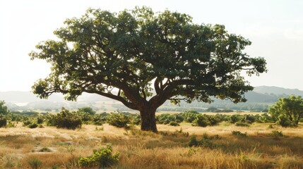 Fototapeta premium Majestic Kapok Tree in Open Savannah Landscape at Sunset for Nature and Environmental Design