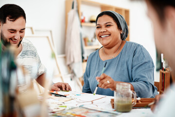 Creative friends, group and paint class for canvas, bonding and happy for art studio learning....
