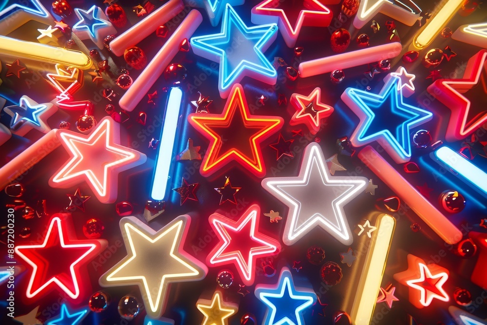 Aufkleber neon star patterns with vibrant colors and glowing effects in a dynamic scene.
