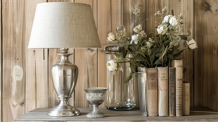 A rustic table lamp with an antique silver finish. Generate AI image