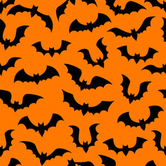 Halloween bats cloud seamless pattern. Hauntingly elegant vector tile, featuring a nocturnal dance of winged vampire creature silhouettes against a mysterious, spookily enchanting orange background