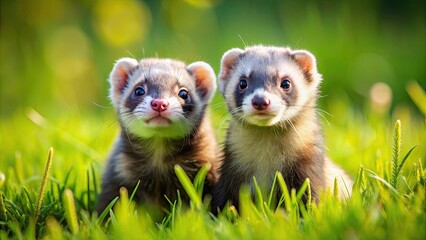 Two playful ferret siblings exploring together in a grassy field, ferret, siblings, brothers, playful, animals, cute, furry
