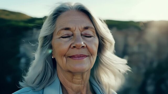 Standing on the edge of a cliff a middleaged woman closes her eyes and takes a deep breath her silver hair billowing in the wind a symbolic representation of her unwavering