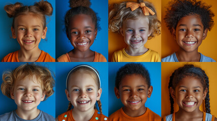 Diverse Happy Children profile collection, Smiling Multiracial Kids Portrait, Colorful Background, Joyful Childhood Moments