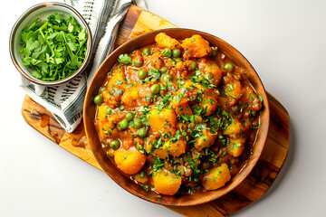 plate of tasty Aloo Matar with on white background