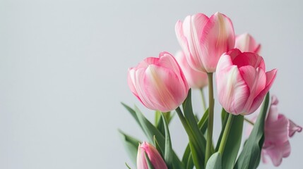 Close up pink tulips on white background with space for text Spring beauty concept