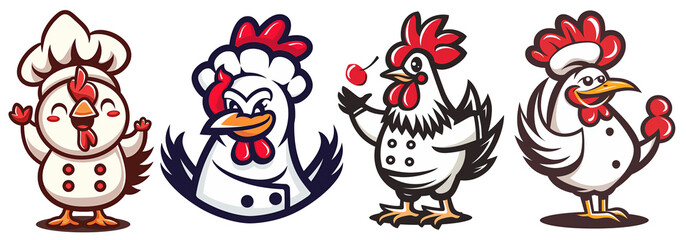 Set of cute rooster as chef logos, emblems, labels, badges. vector style