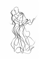 Elegant abstract illustration of a dancing couple in a single black line on white background.