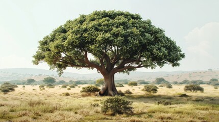 Fototapeta premium Majestic Kapok Tree in Open Savannah Landscape for Nature and Environmental Themes