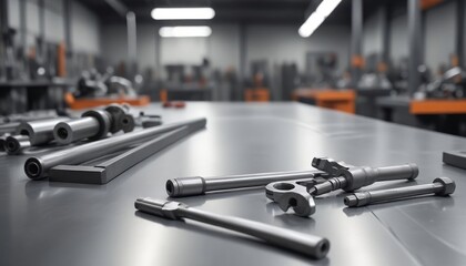 Fototapeta premium A metal blank tabletop with blurred automotive tools and parts in the background suitable for promoting automotive products with generative ai.