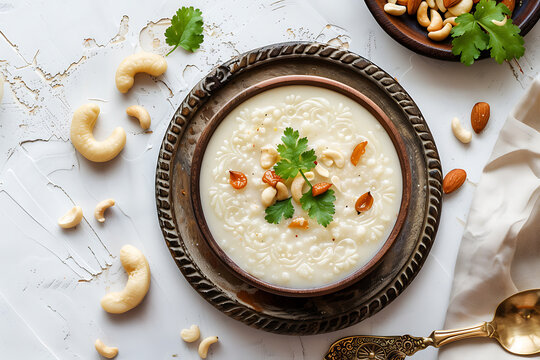 Plate of tasty Basundi with on white background.