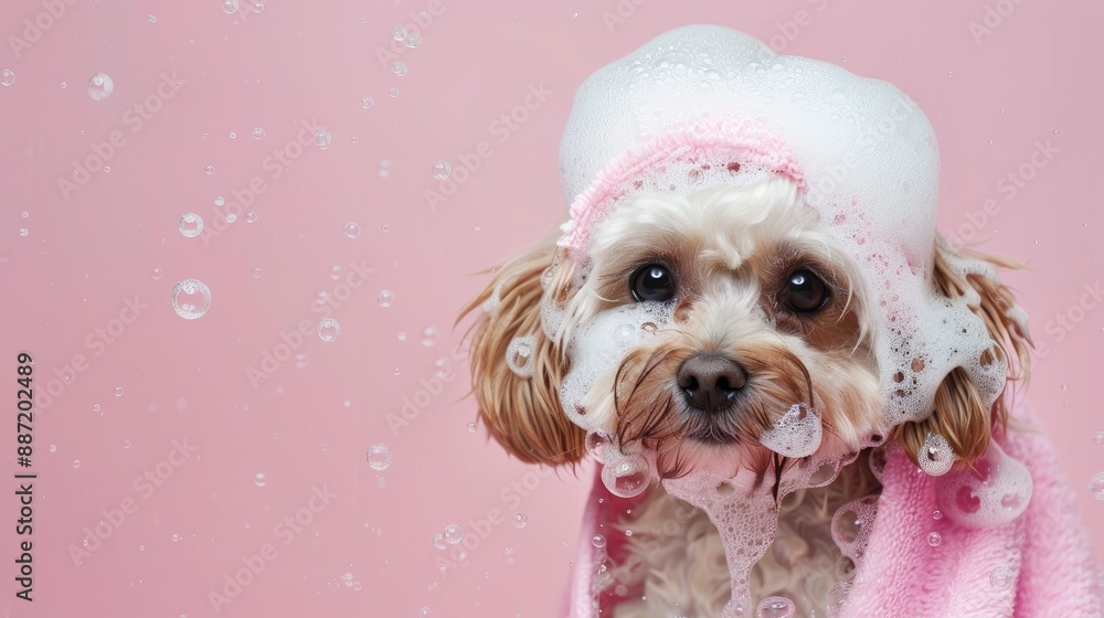 Poster Adorable Maltipoo with bubbles and towel on pink backdrop room for text Adorable companion