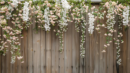 pared de madera muro exterior de madera con una guirnalda de flores cayendo sobre el mundo decoracion para evento o para casa muro decorativo © Erika
