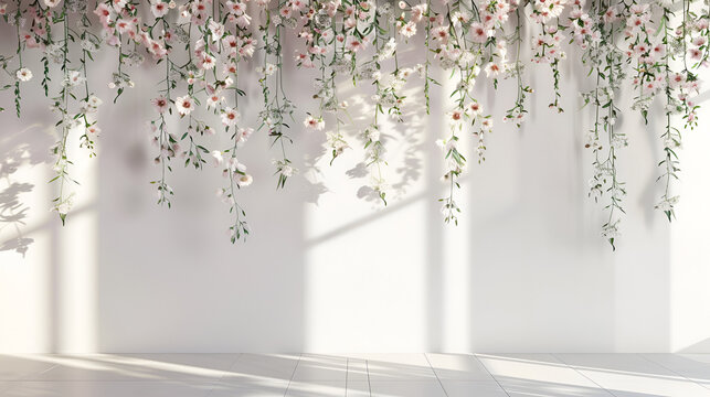 una habitacion con paredes blancas con flores decorativas para evento o con espacio para copiar con iluminacion exterior
