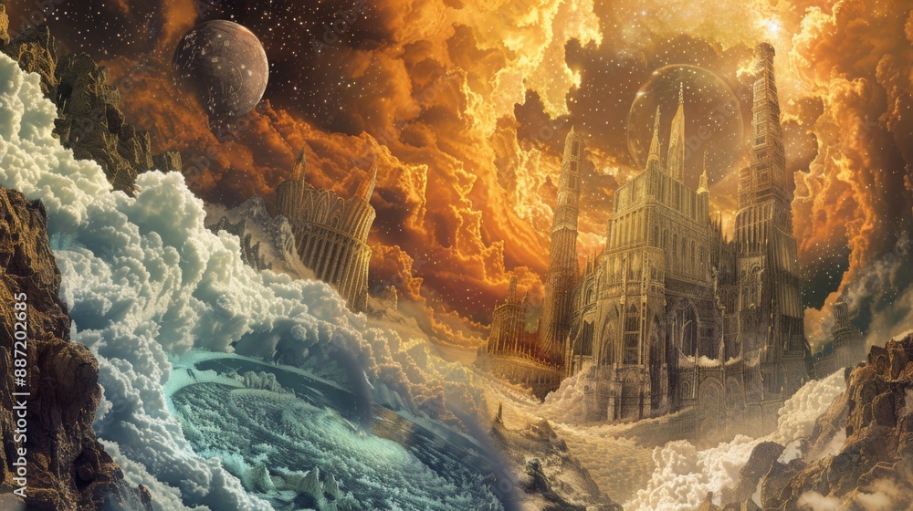 Poster a fantastical city with tall towers, intricate architecture, and a golden sky filled with clouds. a 