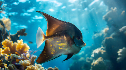 bat fish in the ocean Below is a beautiful coral reef. The water was blue and the sun was shining on the bat fish.