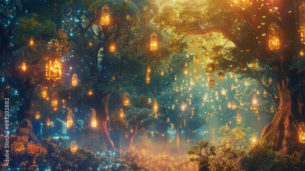 Aufkleber A mystical forest at night, illuminated by glowing lanterns hanging from the branches of tall trees. The air is filled with magical light and a sense of wonder.