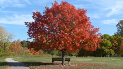Naklejka premium Autumn Maple Tree in Suburban Park with Clear Blue Sky and Scenic Path for Nature Walks and Relaxation