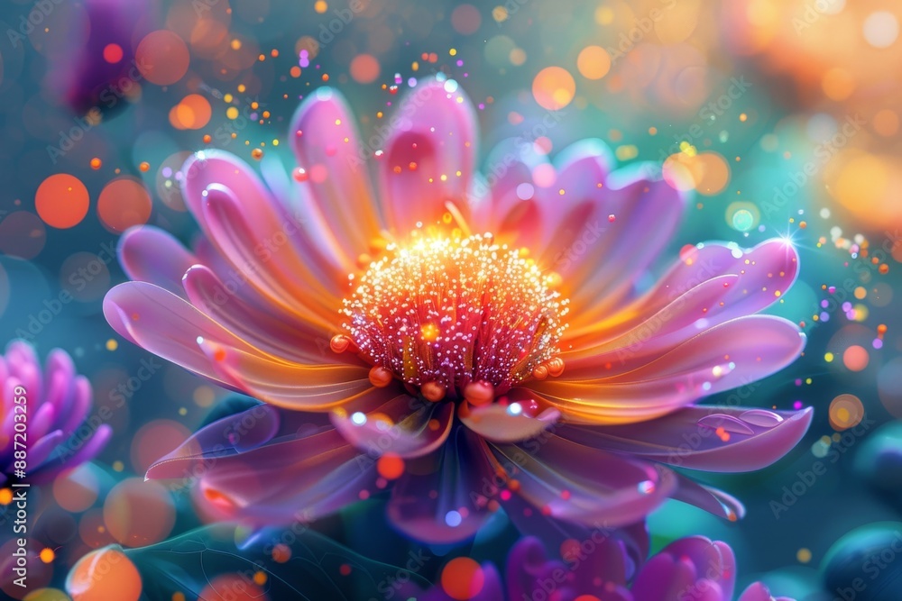 Poster glowing neon flower with vibrant colors and abstract patterns in a digital surreal scene.