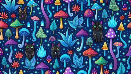 Naklejka premium Seamless blue pattern featuring psychedelic mushrooms and black cats, psychedelic, mushrooms, black cats, seamless, pattern